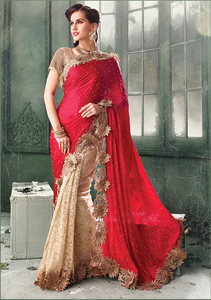 ShagunShop BEIGE AND RED Indian Pakistani Designer Bollywood Wedding Embroidered Saree