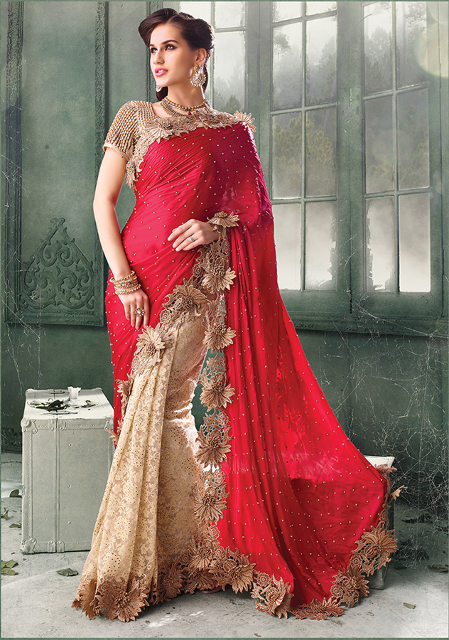 ShagunShop BEIGE AND RED Indian Pakistani Designer Bollywood Wedding Embroidered Saree