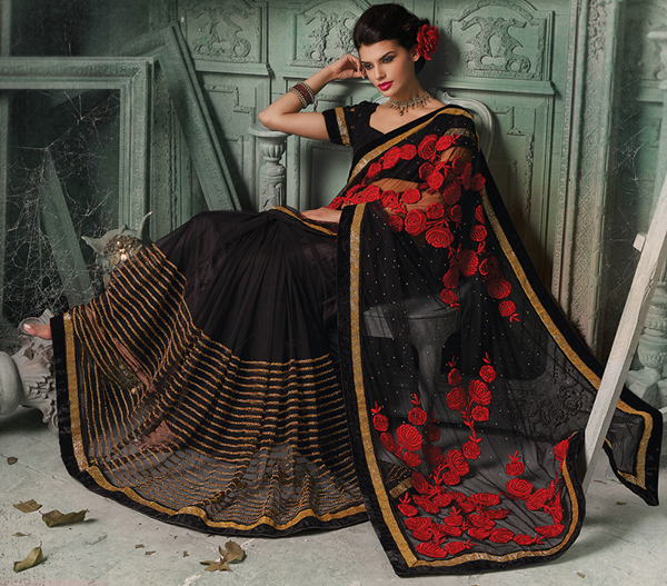 ShagunShop BLACK & RED Indian Pakistani Designer Bollywood Wedding Net Embroidered Saree