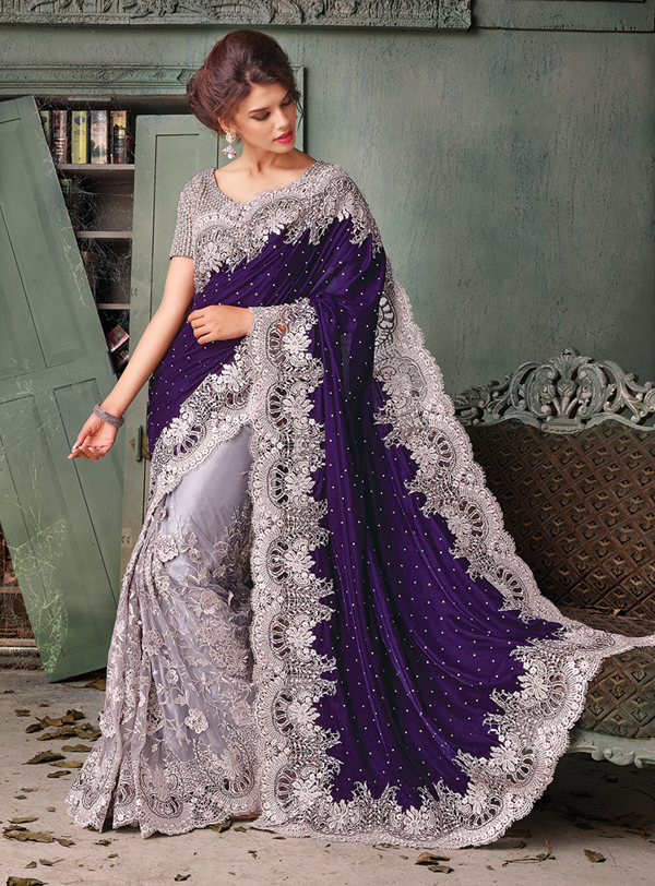 Blue & Gray Indian Pakistani Silver Designer Bollywood Wedding Embroidered Saree
