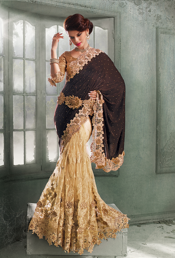 BROWN & BEIGE Indian Pakistani Designer Bollywood Wedding Embroidered Saree