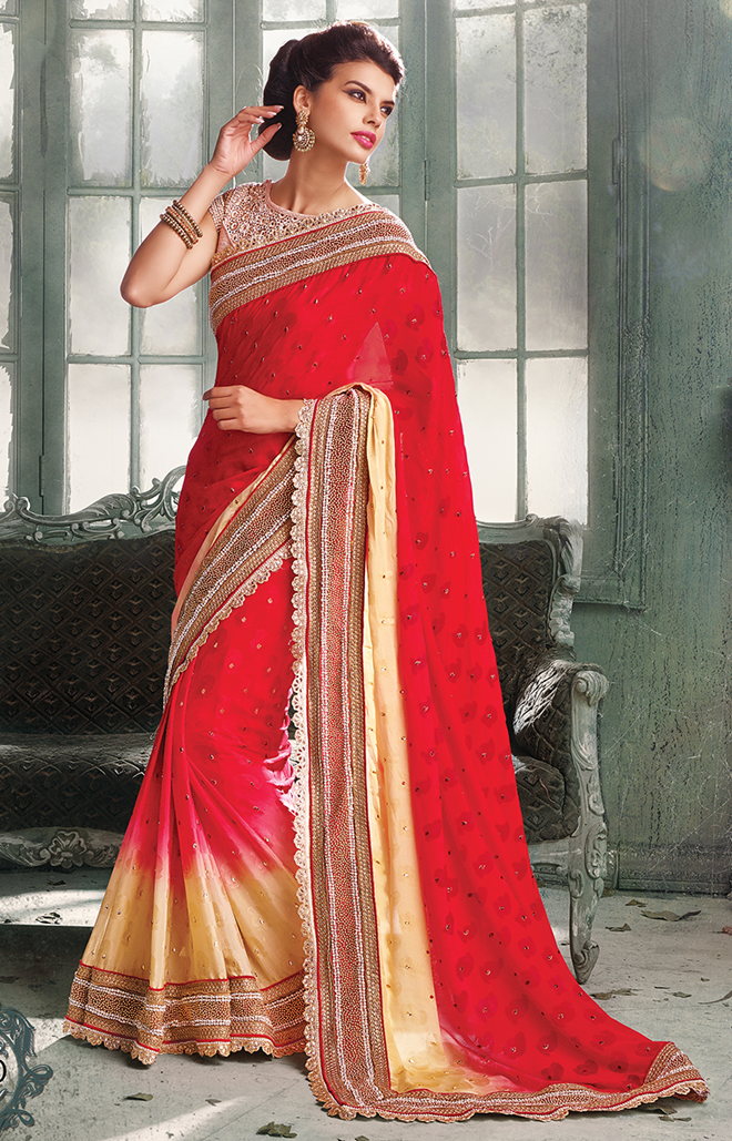 Creap Jaquard RED Indian Pakistani Designer Bollywood Wedding Embroidered Saree