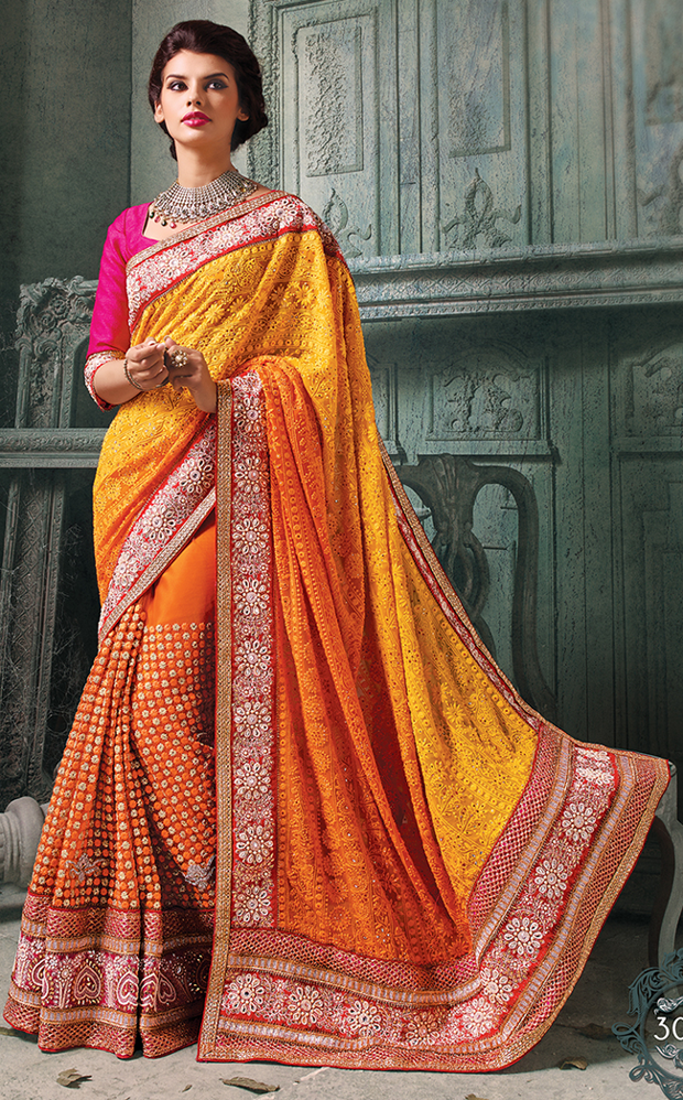 Orange & Yellow Indian Pakistani Designer Bollywood Wedding Embroidered Saree