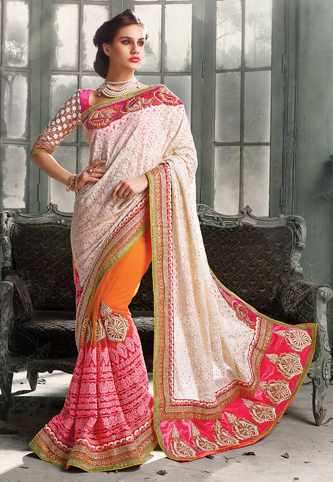 Pink,White &Orange Indian Pakistani Designer Bollywood Wedding Embroidered Saree