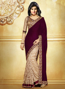 DESIGNER VELVET WINE BORDER WORK SAREE