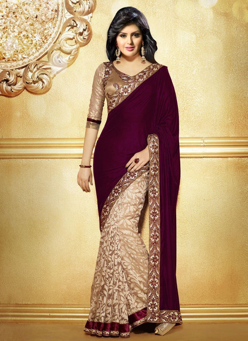 DESIGNER VELVET WINE BORDER WORK SAREE