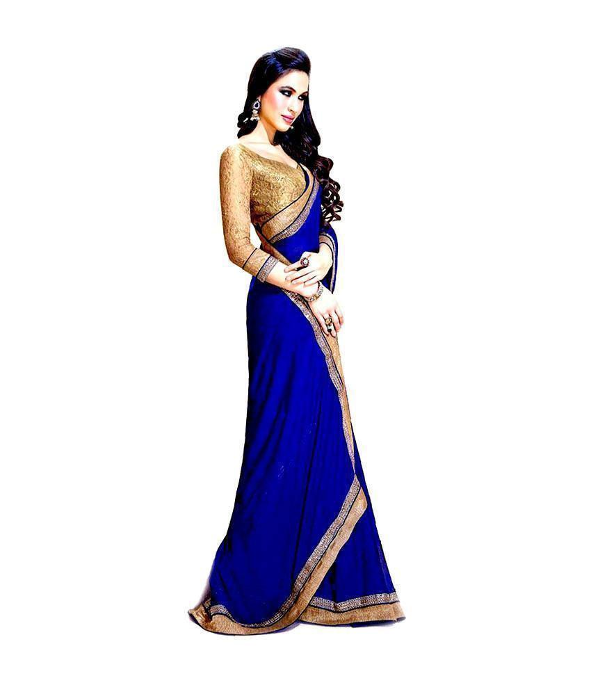 Designer Blue Faux Chiffon Border Work Saree