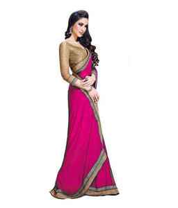 Designer Pink Faux Chiffon Border Work Saree