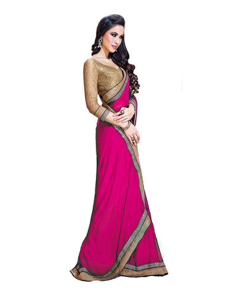 Designer Pink Faux Chiffon Border Work Saree