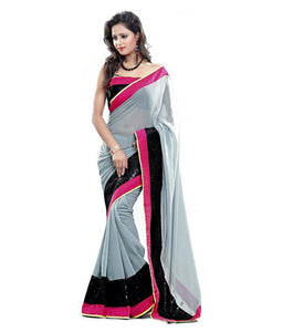 Designer Grey Faux Georgette Embroidered Saree