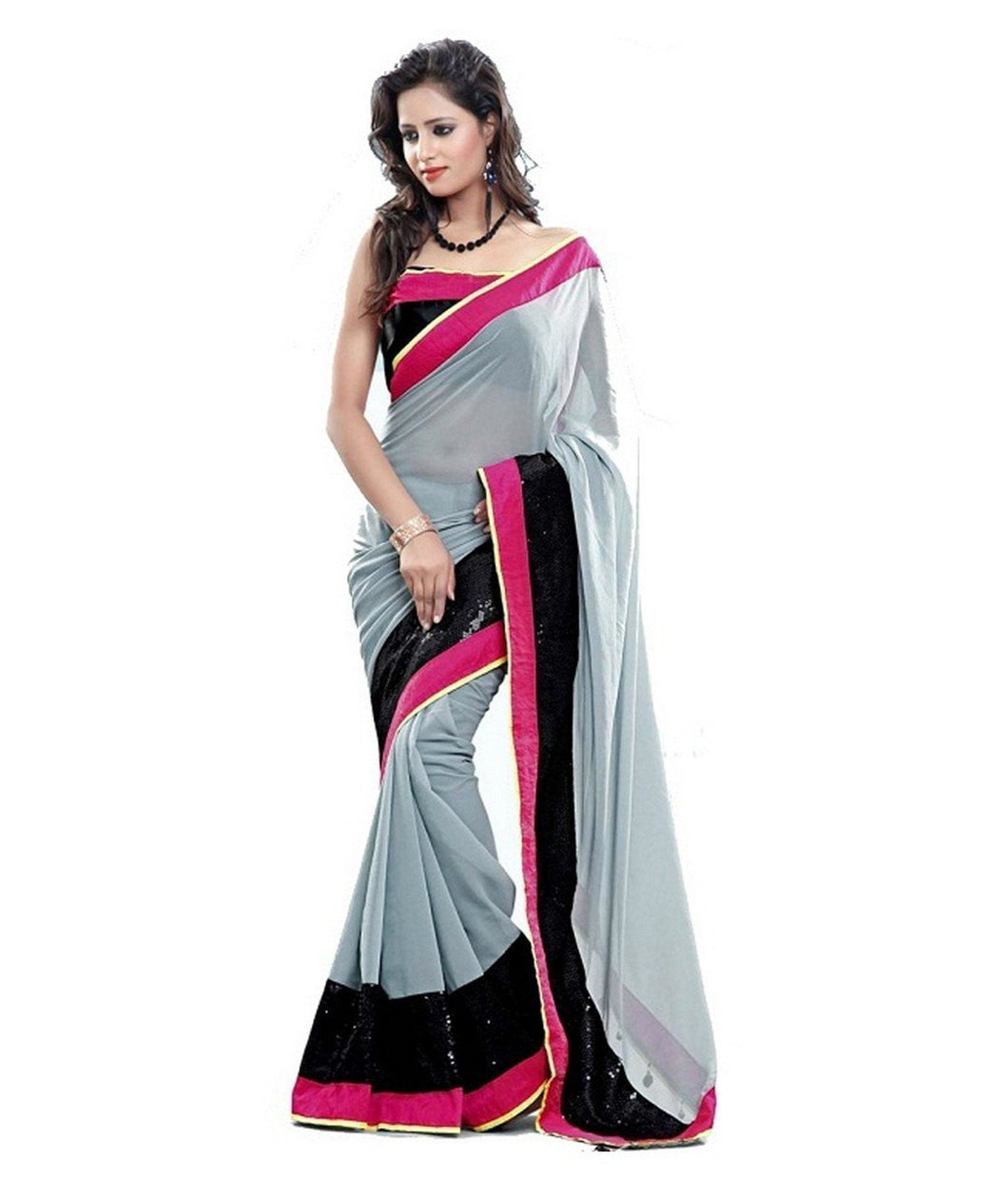 Designer Grey Faux Georgette Embroidered Saree