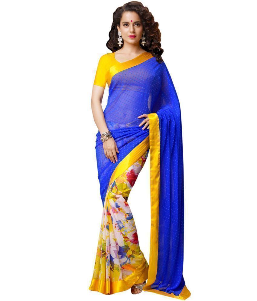 Rich Yellow and Blue Flower Printed Chiffon Saree