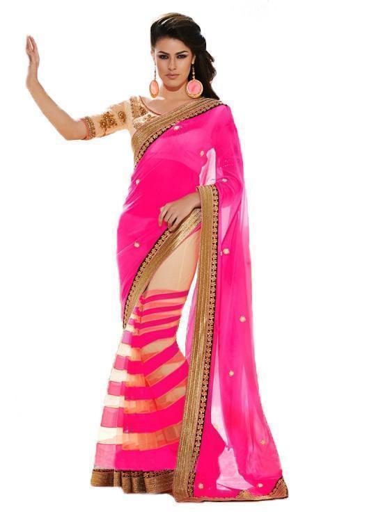 Pure Georgette Pink Patta Party wear Saree
