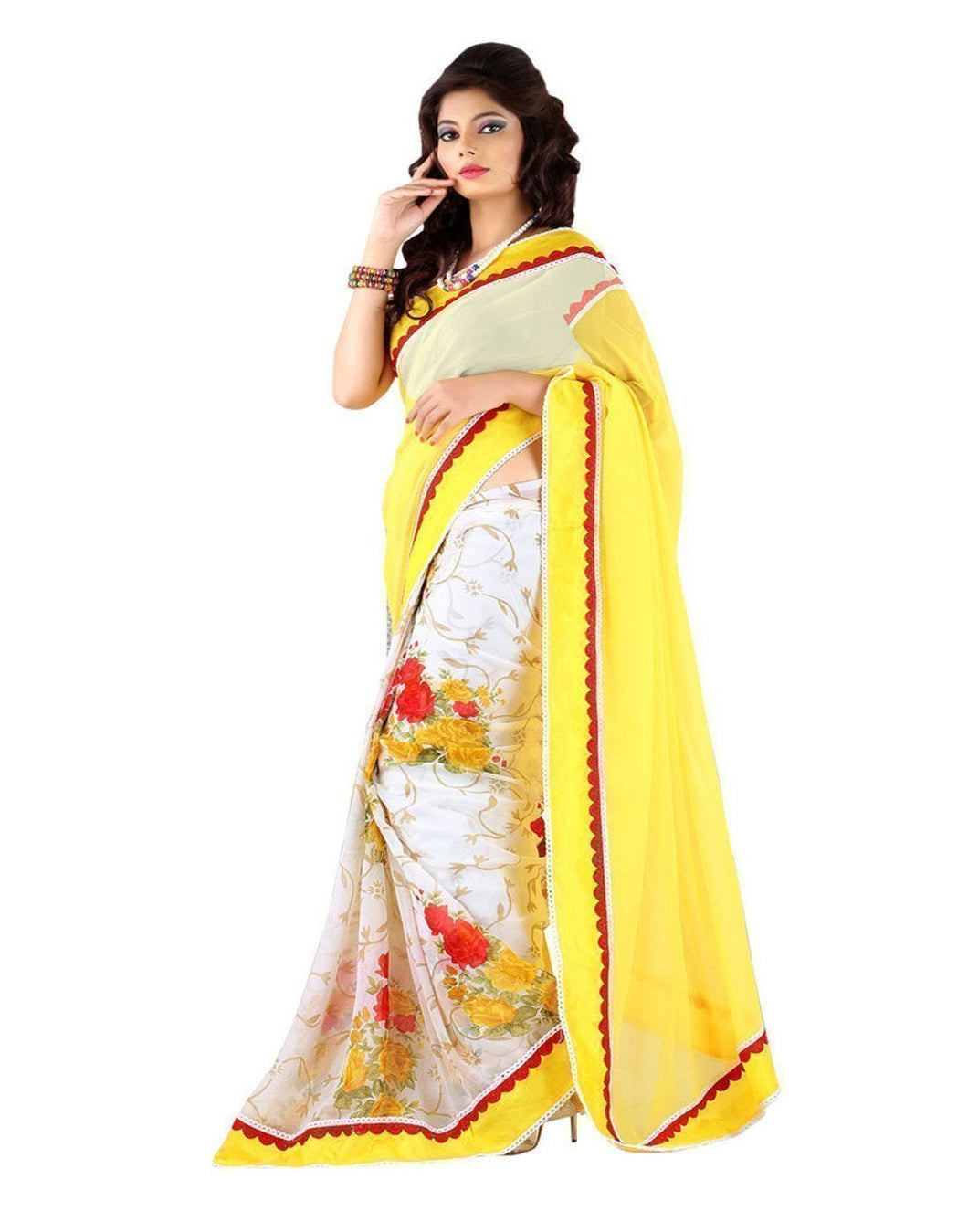 Diva Sridevi Yellow Flower Printed Chiffon Saree