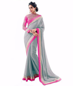Mesmerizing Grey Chiffon Designer Lace Border Saree