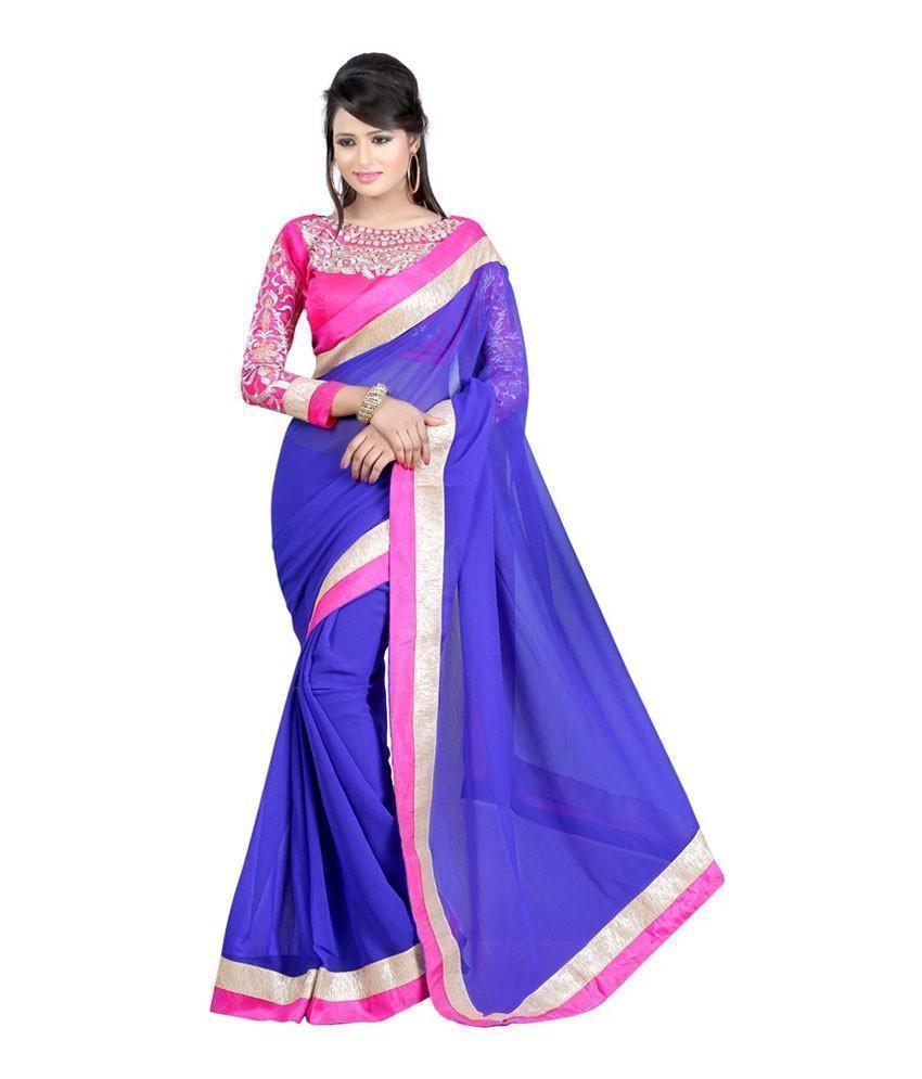 Indian Ethnic wear Bright Blue with Pink Lace Border Party wear Saree