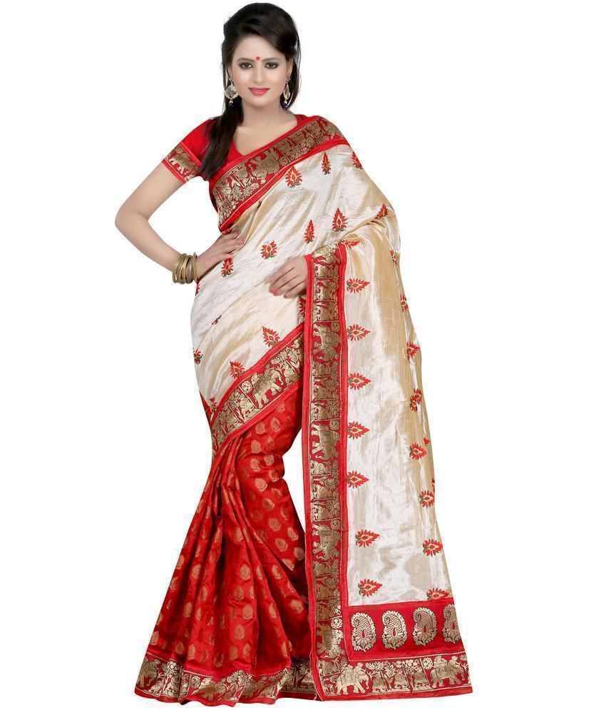 White and Red Brasso Embroidered Fancy Saree