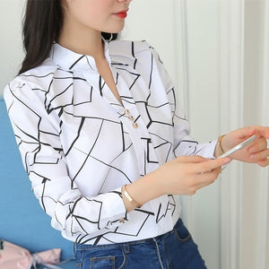 JFUNCY Plus Size Women White Tops and Blouses Fashion Stripe Print Casual Long Sleeve Office Lady Work Shirts Female Slim Blusas