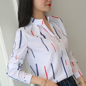 JFUNCY Plus Size Women White Tops and Blouses Fashion Stripe Print Casual Long Sleeve Office Lady Work Shirts Female Slim Blusas