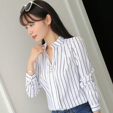 Load image into Gallery viewer, JFUNCY Plus Size Women White Tops and Blouses Fashion Stripe Print Casual Long Sleeve Office Lady Work Shirts Female Slim Blusas

