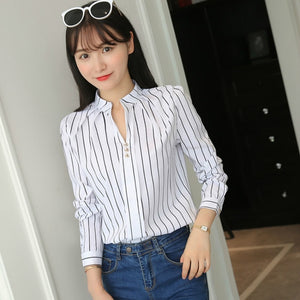 JFUNCY Plus Size Women White Tops and Blouses Fashion Stripe Print Casual Long Sleeve Office Lady Work Shirts Female Slim Blusas