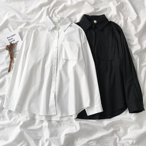 Office Lady Style White Shirt Solid Harajuku Pocket Long Sleeve Womens Tops And Blouses Casual 2021 Autumn Loose Shirt Blusas